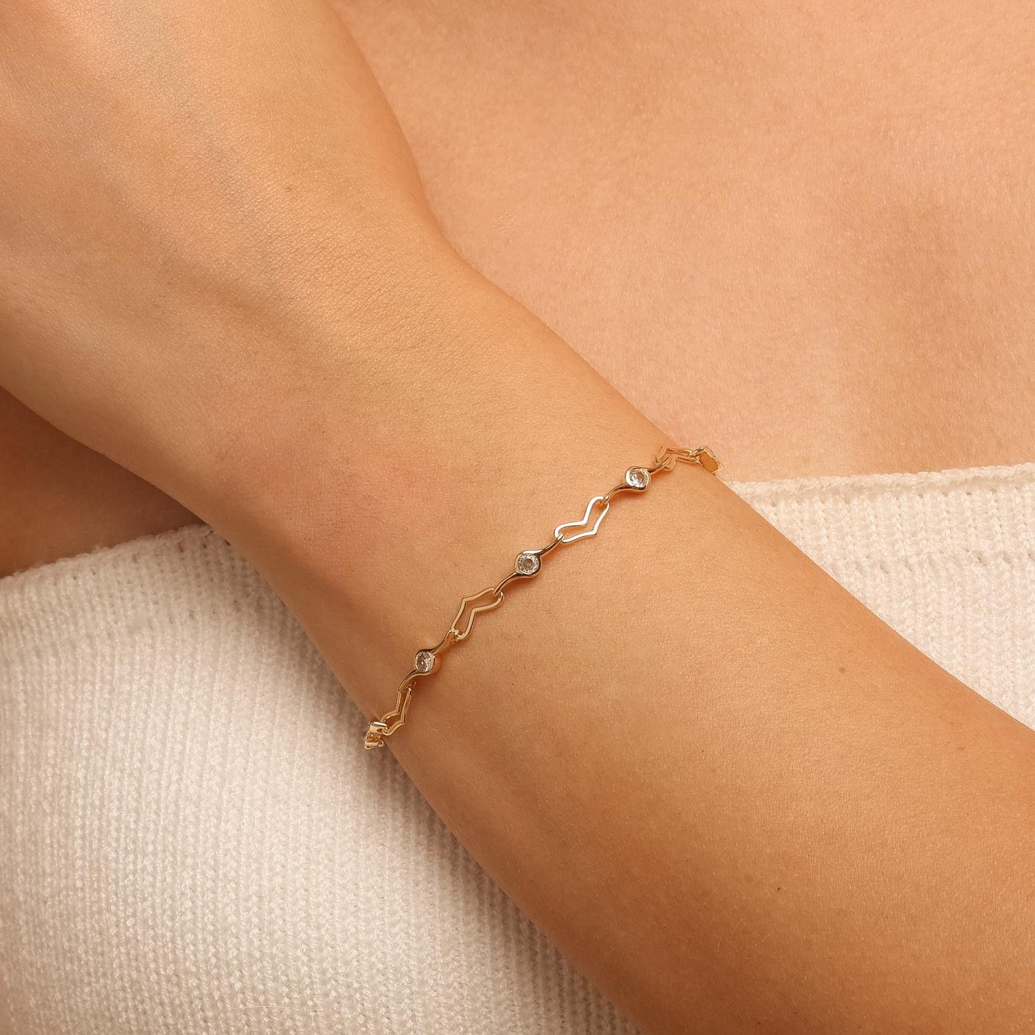 Pst-5644-Fo Pulseira Elos de Corações Vazados e Pontos De Luz