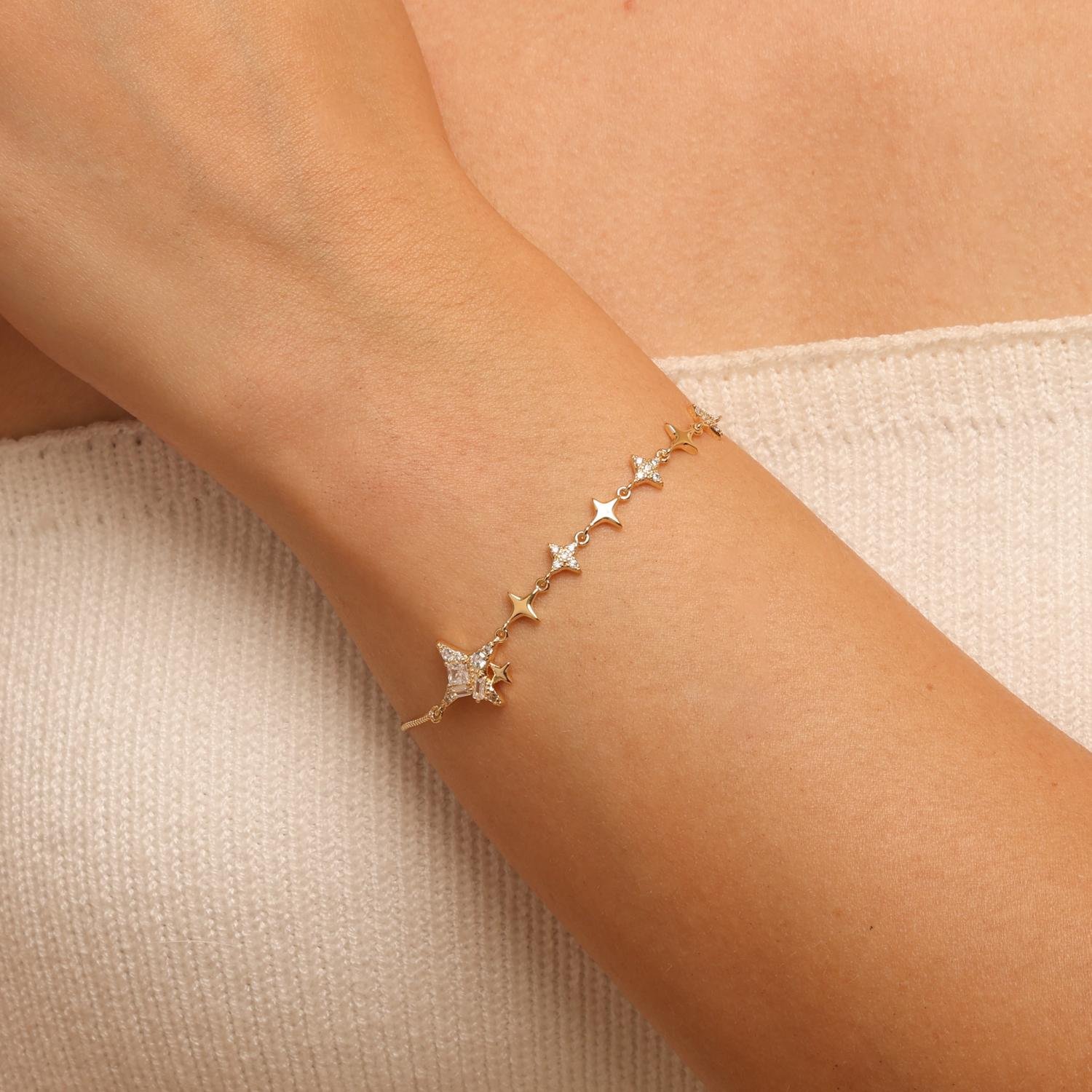 Pst-5645-Fo Pulseira Veneziana com Estrelas Lisas e Cravejadas 