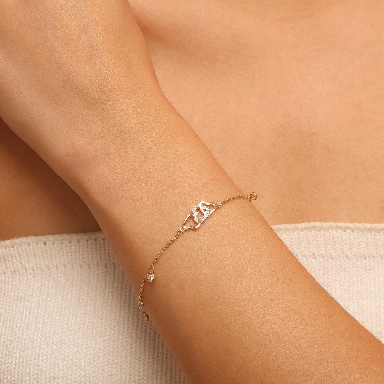 Pst-5646-Fo Pulseira Delicada Corações Entrelaçados e Pontos de Luz