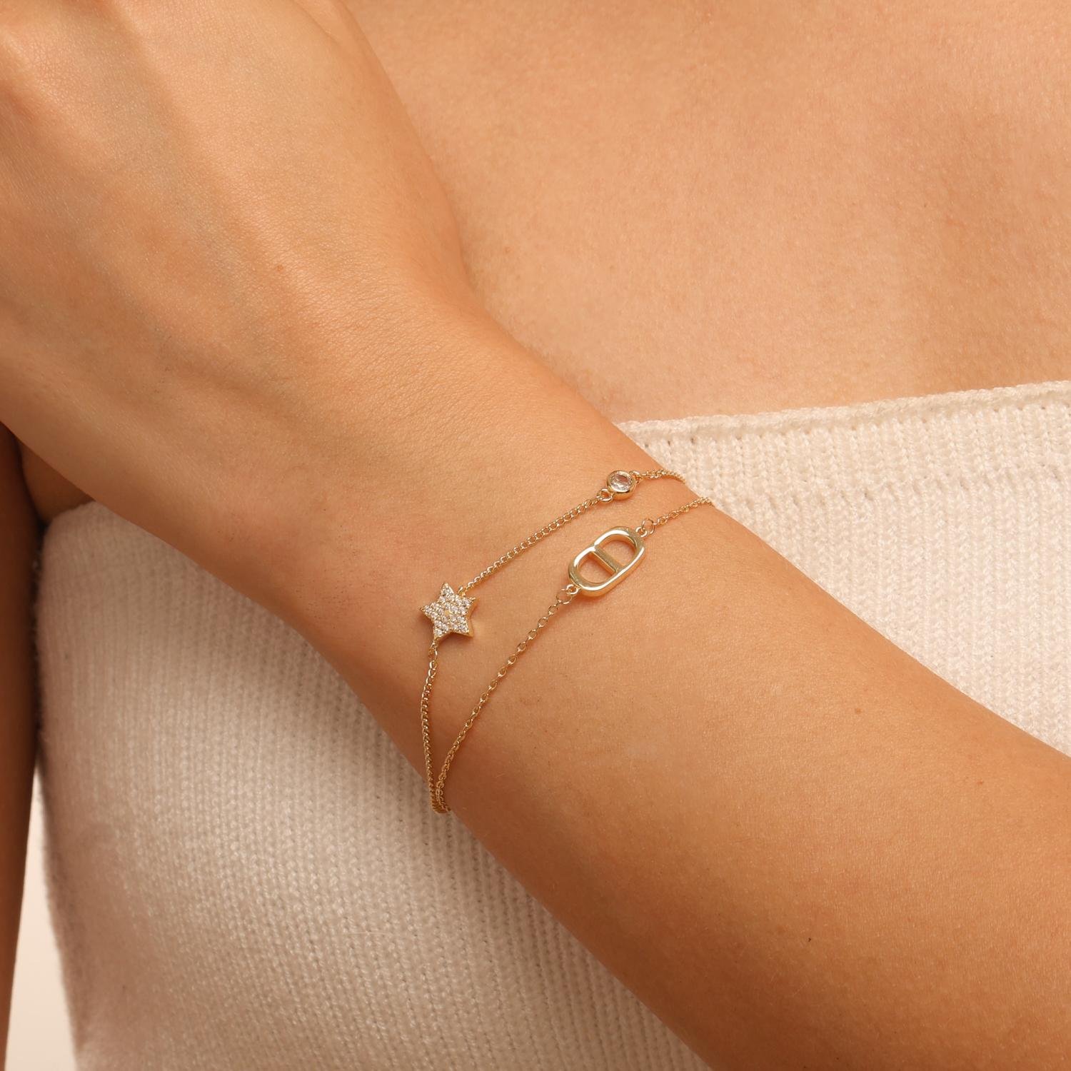 Pst-5655-Fo Pulseira Dupla Feminina Estrela, Elo Lacre e Pontos de Luz