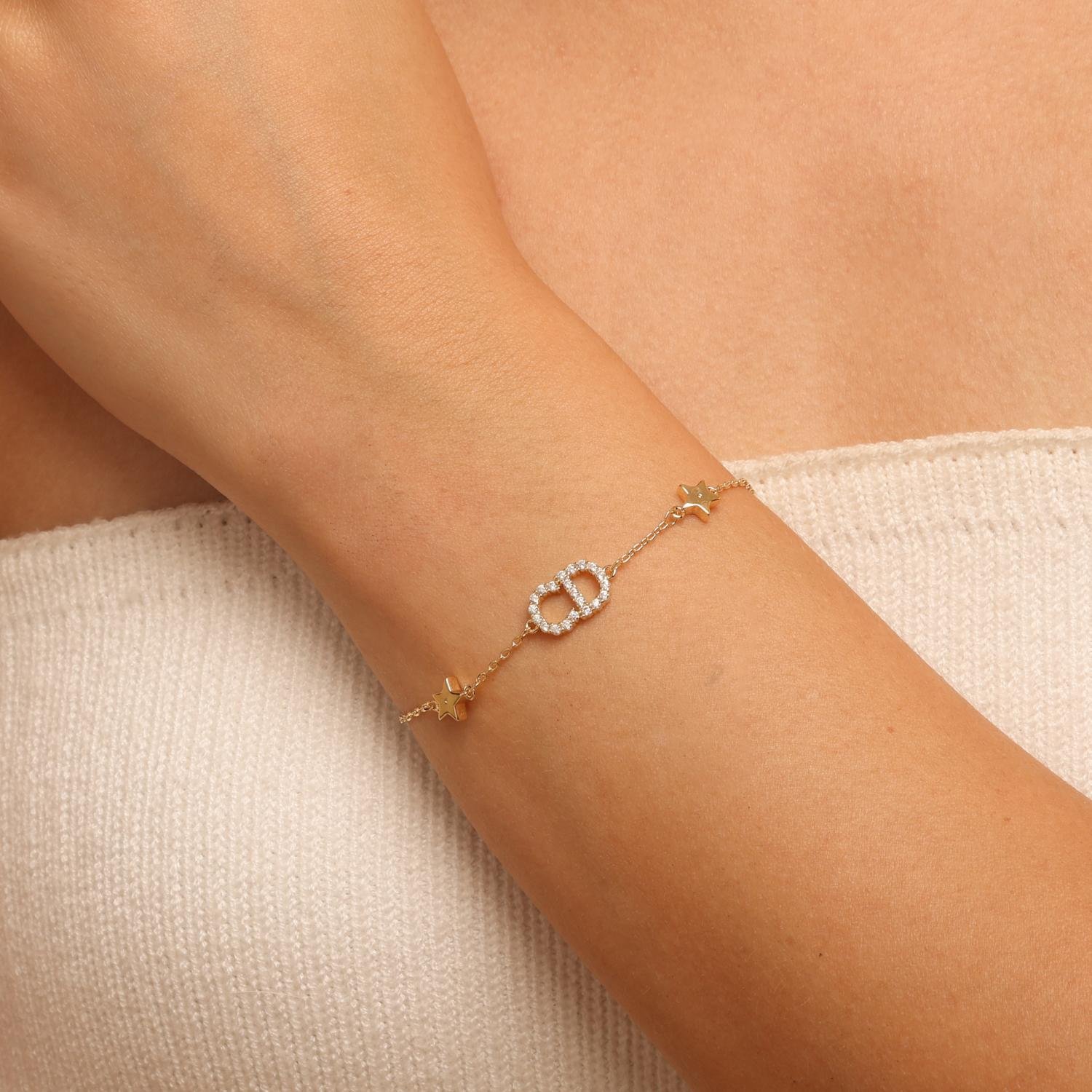 Pst-5658-Fo Pulseira Feminina Elo Central Cravejado e Estrelas