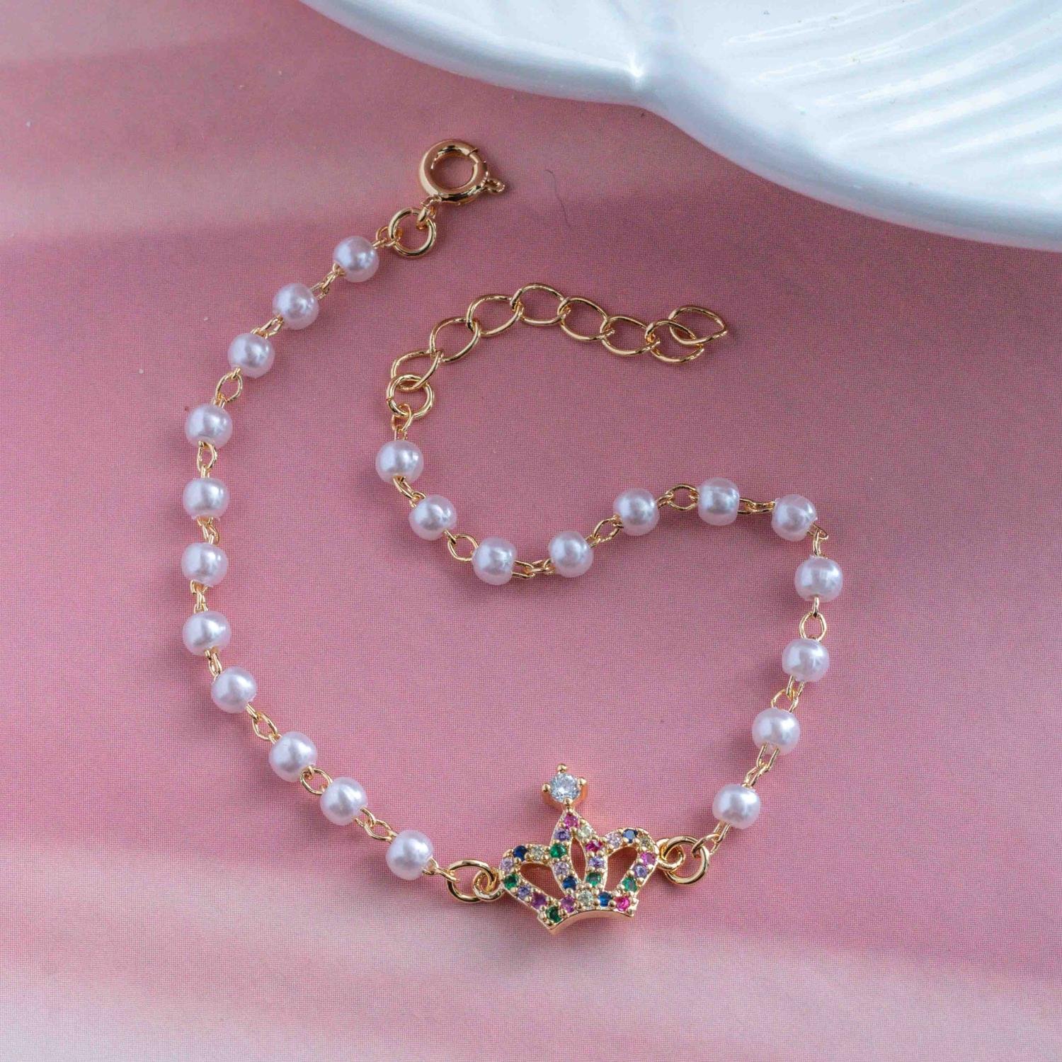Psti-129-Fo Pulseira Infantil De Pérolas E Coroa Cravejada Colorida
