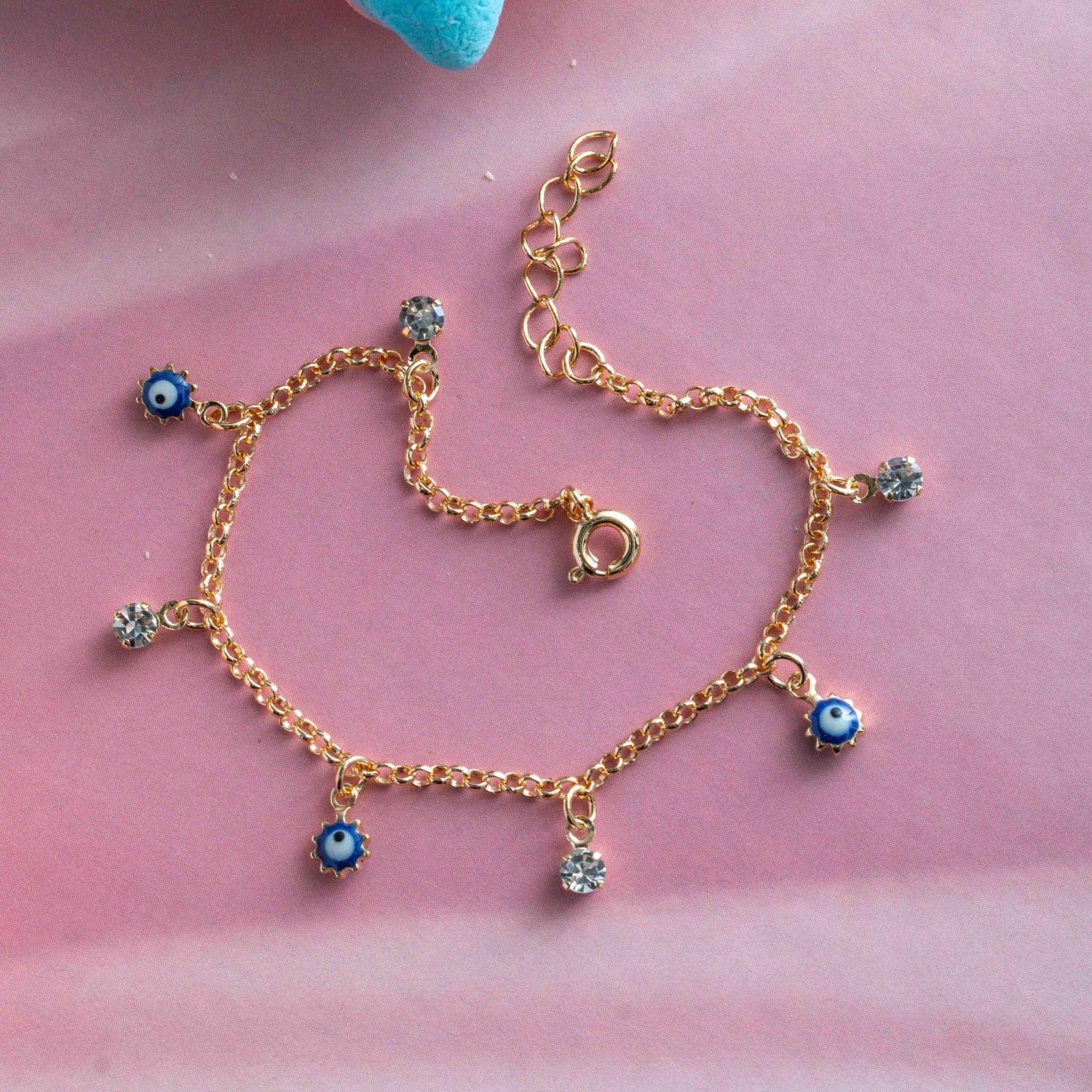 Psti-223-Fo Pulseira Infantil De Elinho Com Olho Grego Preto E Zircônias Cristais.