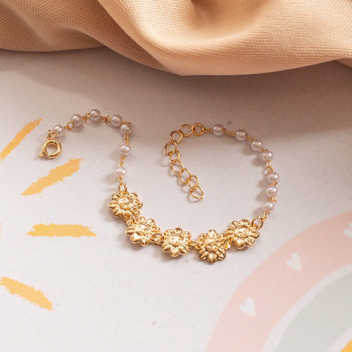 Psti-237-Fo Pulseira Infantil De Pérolas E Florzinhas.