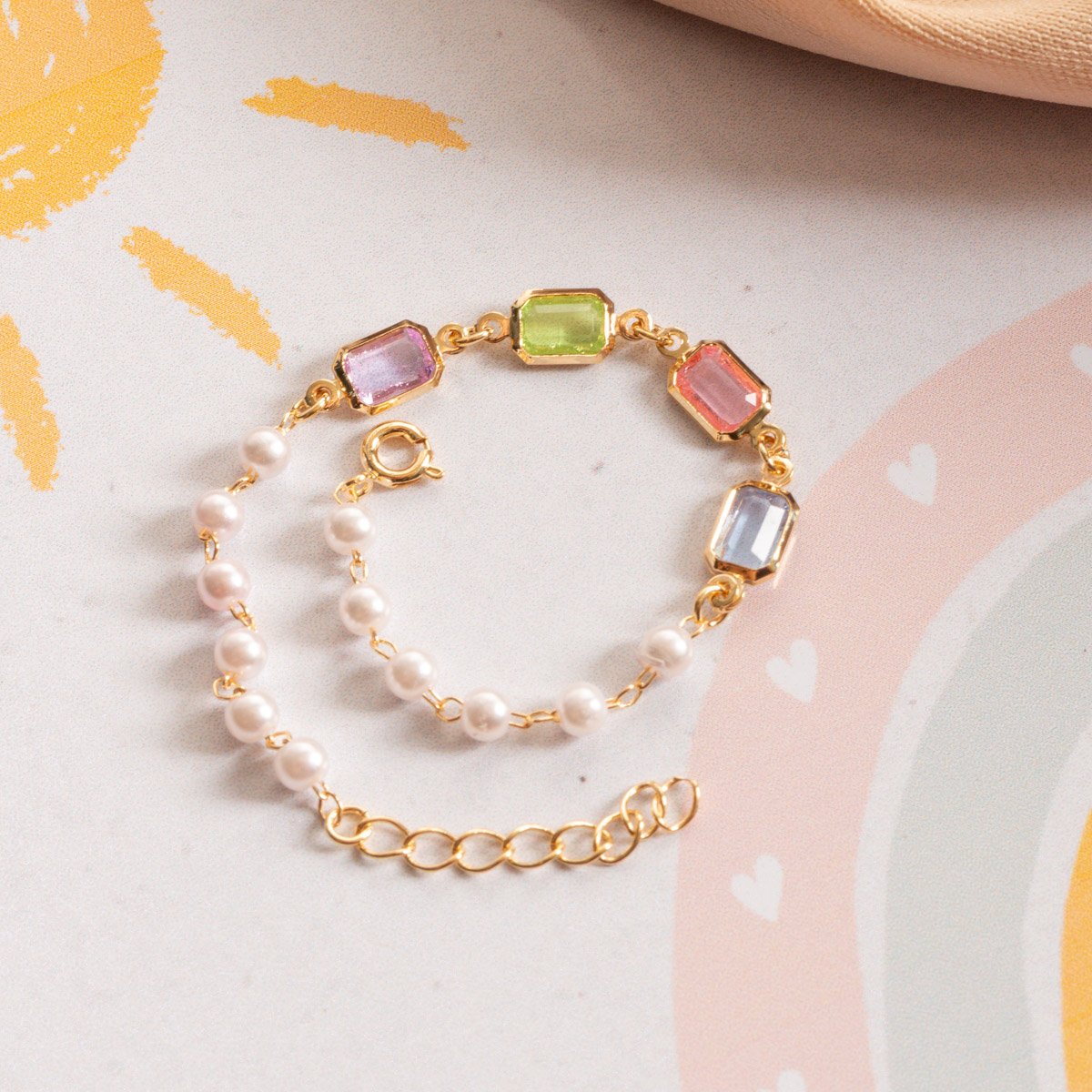 Psti-238-Fo Pulseira Infantil De Pérolas E Zircônias Coloridas.
