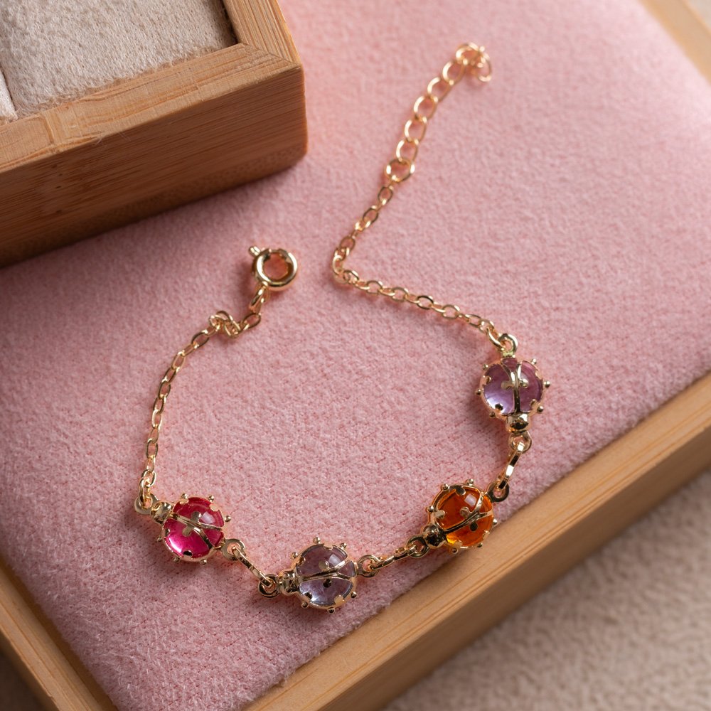 Psti-71-Fo Pulseira Infantil De Joaninhas Cravejadas Coloridas