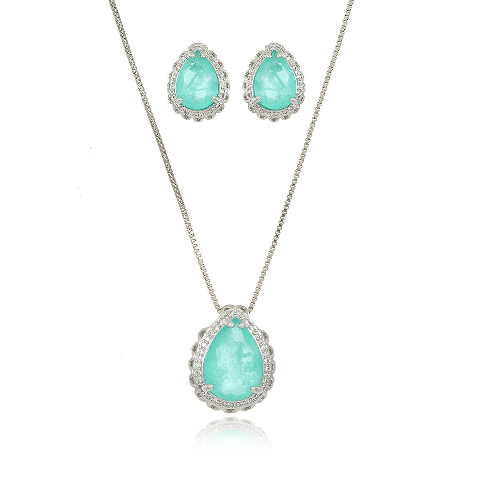 Tn01021-Rd Conjunto Cravejado Pedra Turmalina Fusion E Zircônias Cristais - Ródio Branco (45cm+5cm).