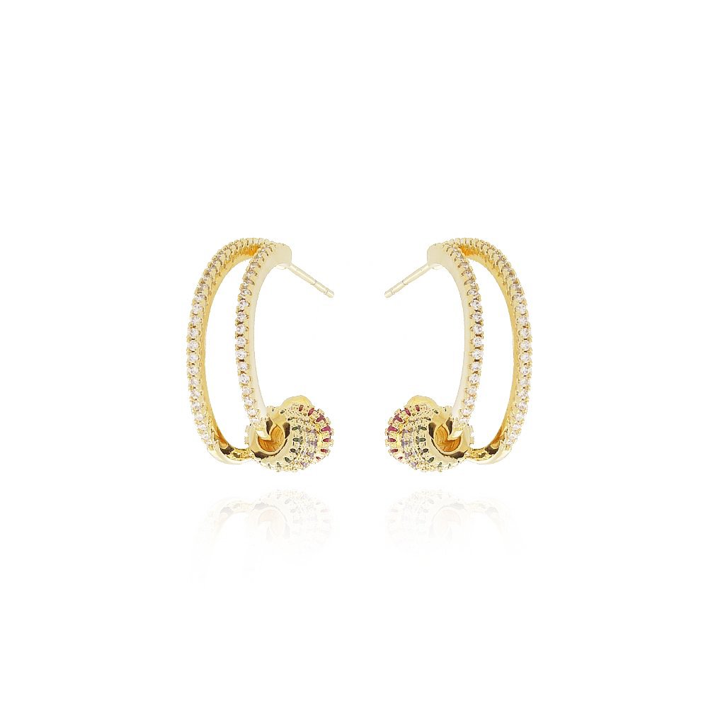 Tn02022-Do Brinco Meia Argola Detalhada Cravejada Cristal E Colorido (22mm)