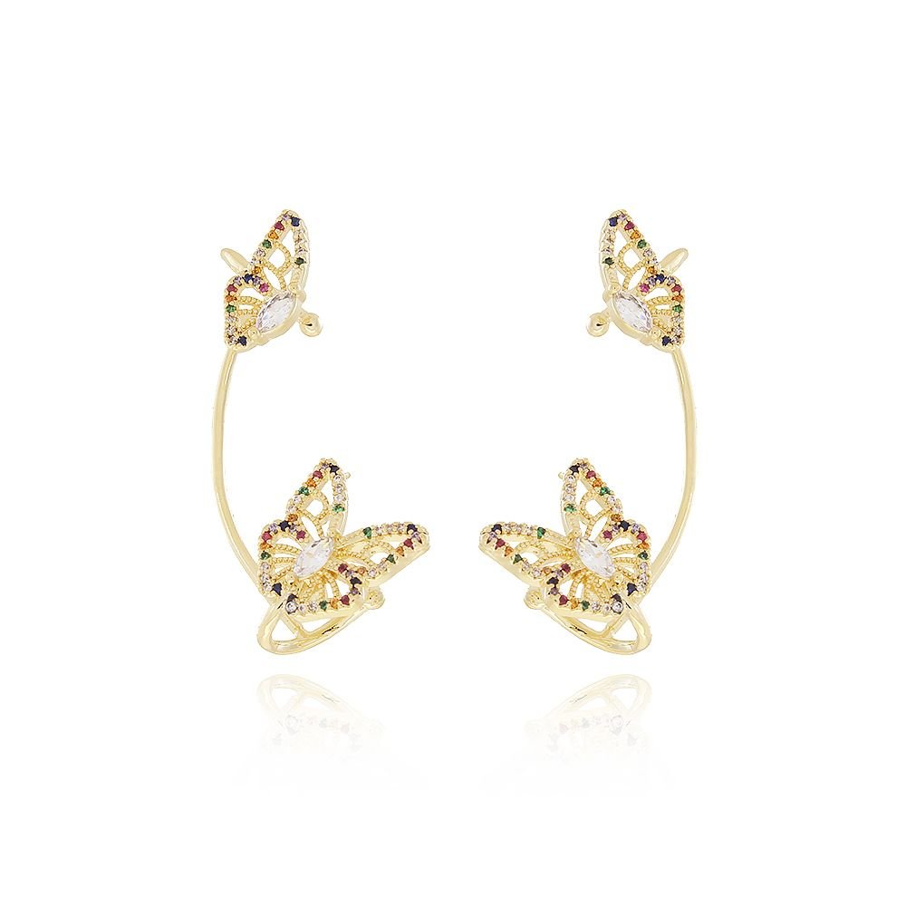 Tn02143-Do Brinco Ear Cuff De Borboletas Cravejado Colorido