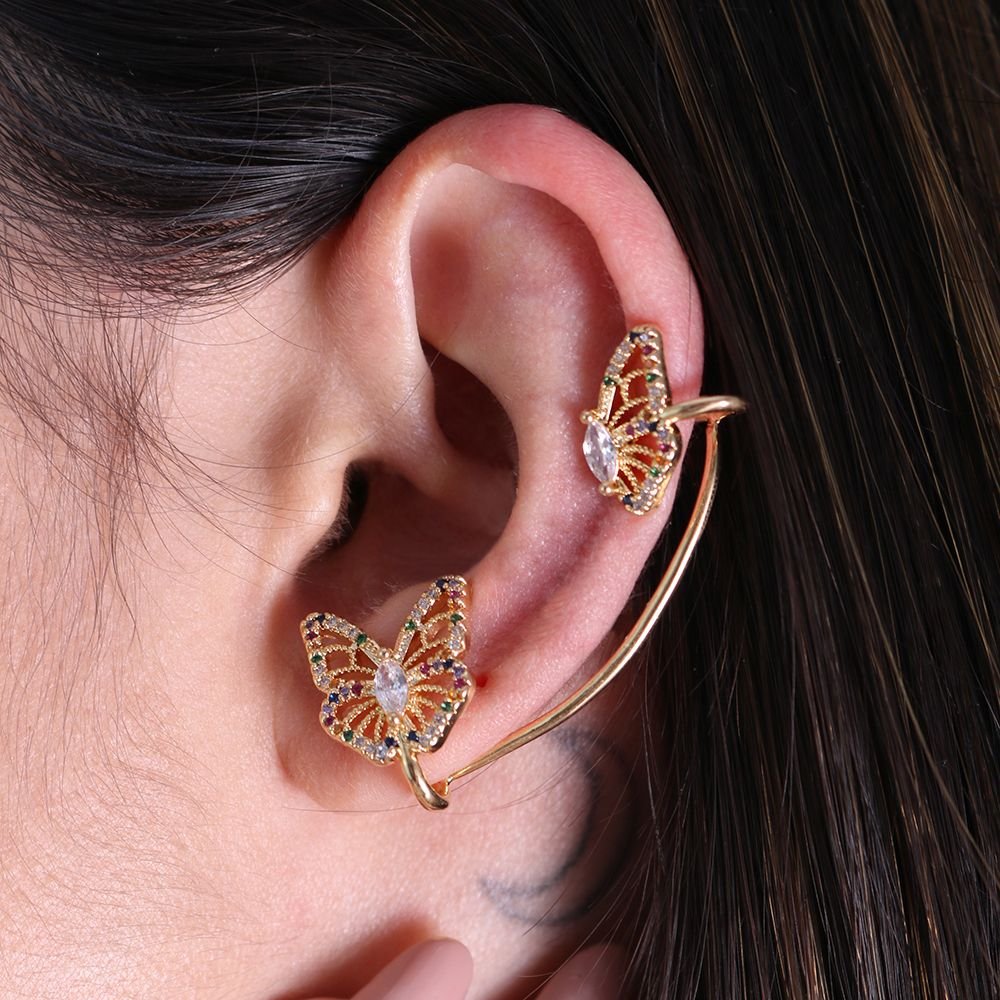 Tn02143-Do Brinco Ear Cuff De Borboletas Cravejado Colorido
