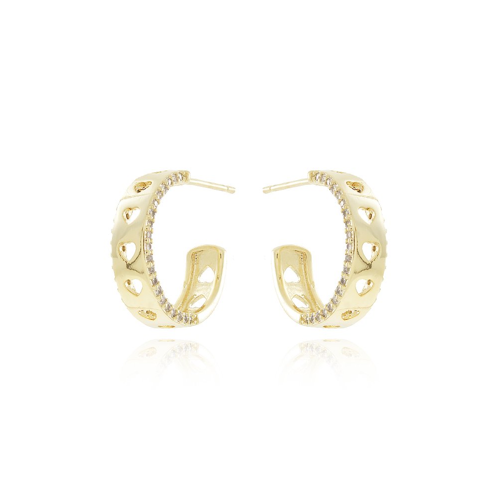 Tn03043-Do Brinco Meia Argola Com Corações Cravejado De Zircônias