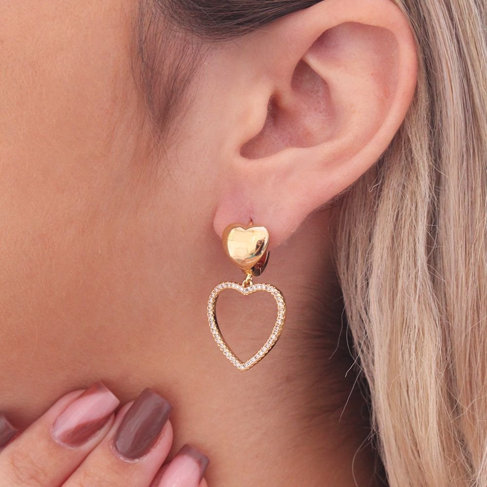 Tn03085-Do Brinco De Argola Articulada Com Coração Vazado Cravejado De Zircônias