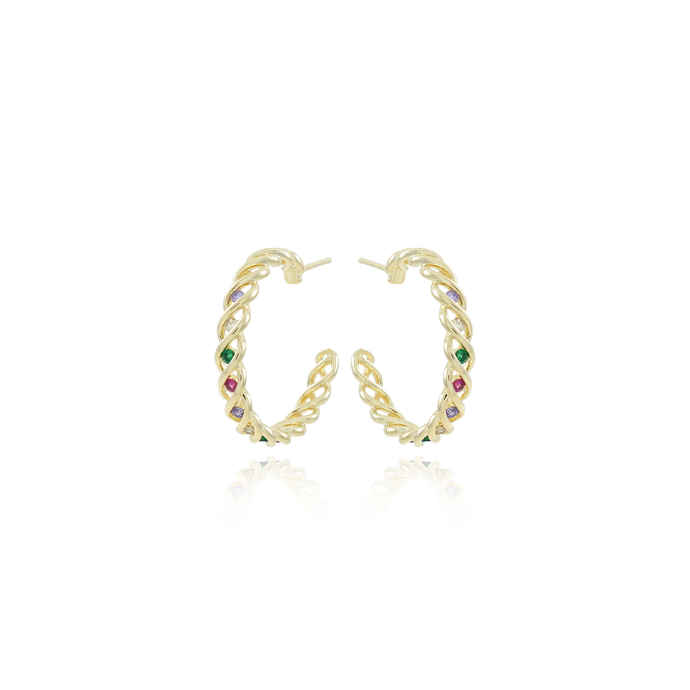 Tn03097-Do Brinco Meia Argola Coravejado Com Zircônias Coloridas.