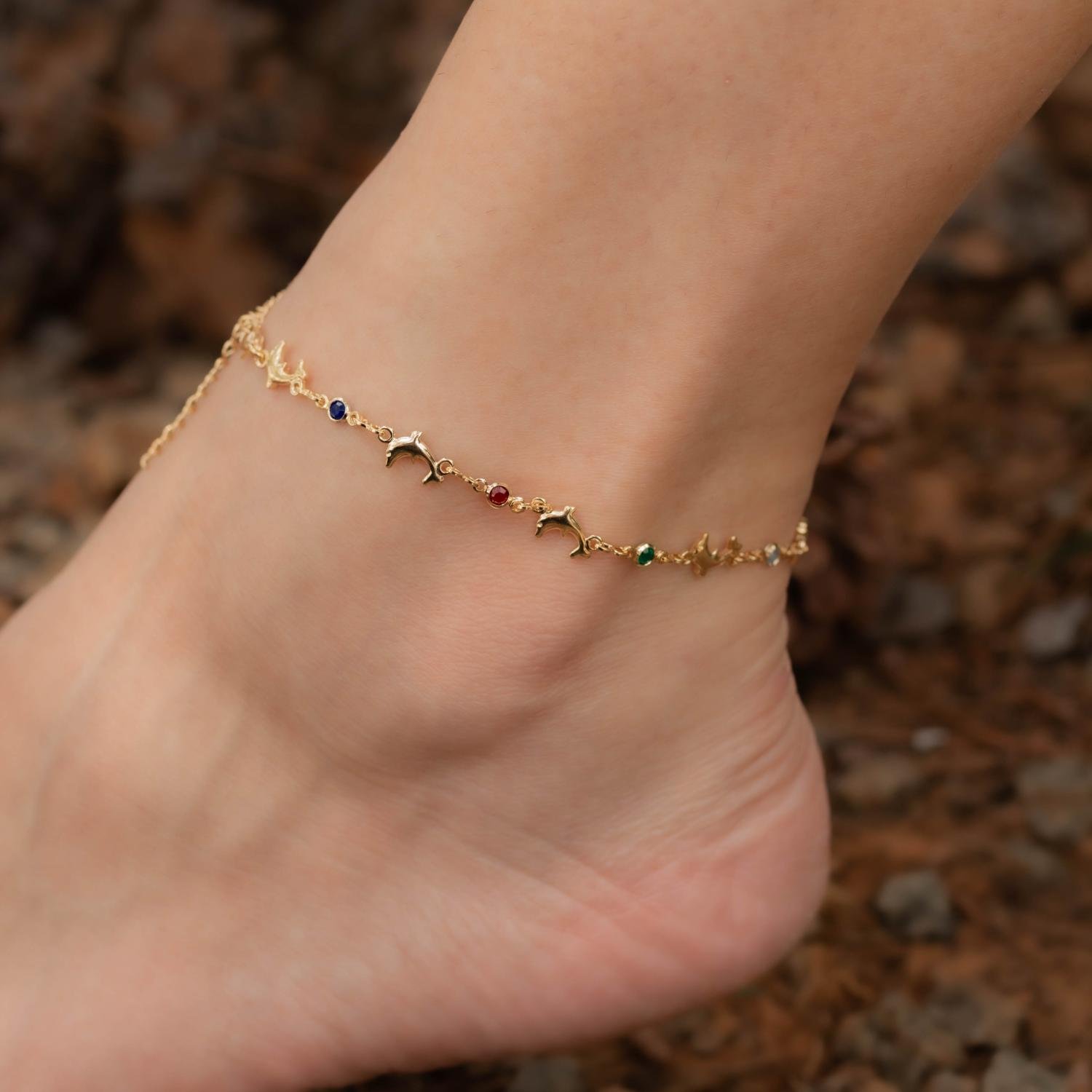 Tor-1127-Fo Tornozeleira Com Golfinhos E Zircônias Colorida Escuro.