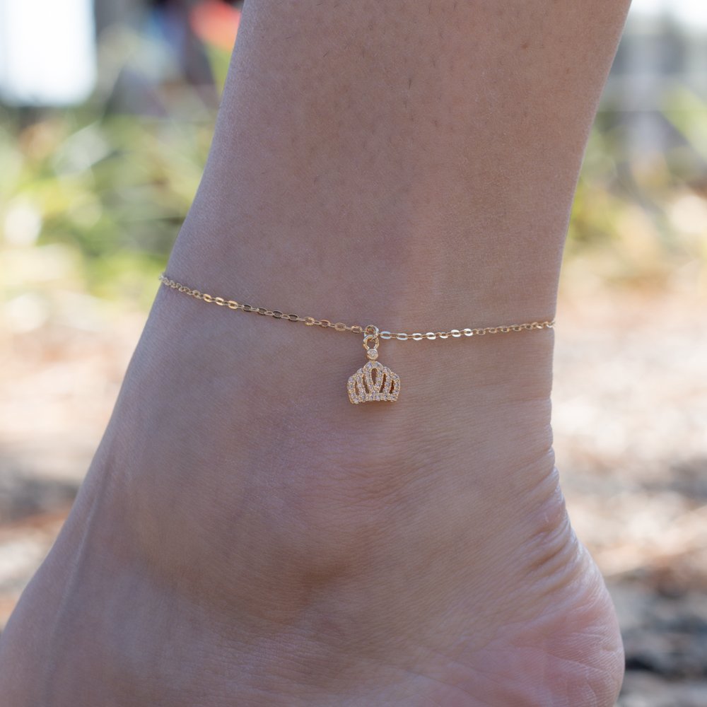 Tor-1135-Fo Tornozeleira Com Pingente De Coroa Cravejada De Zircônias Cristais.&Nbsp;