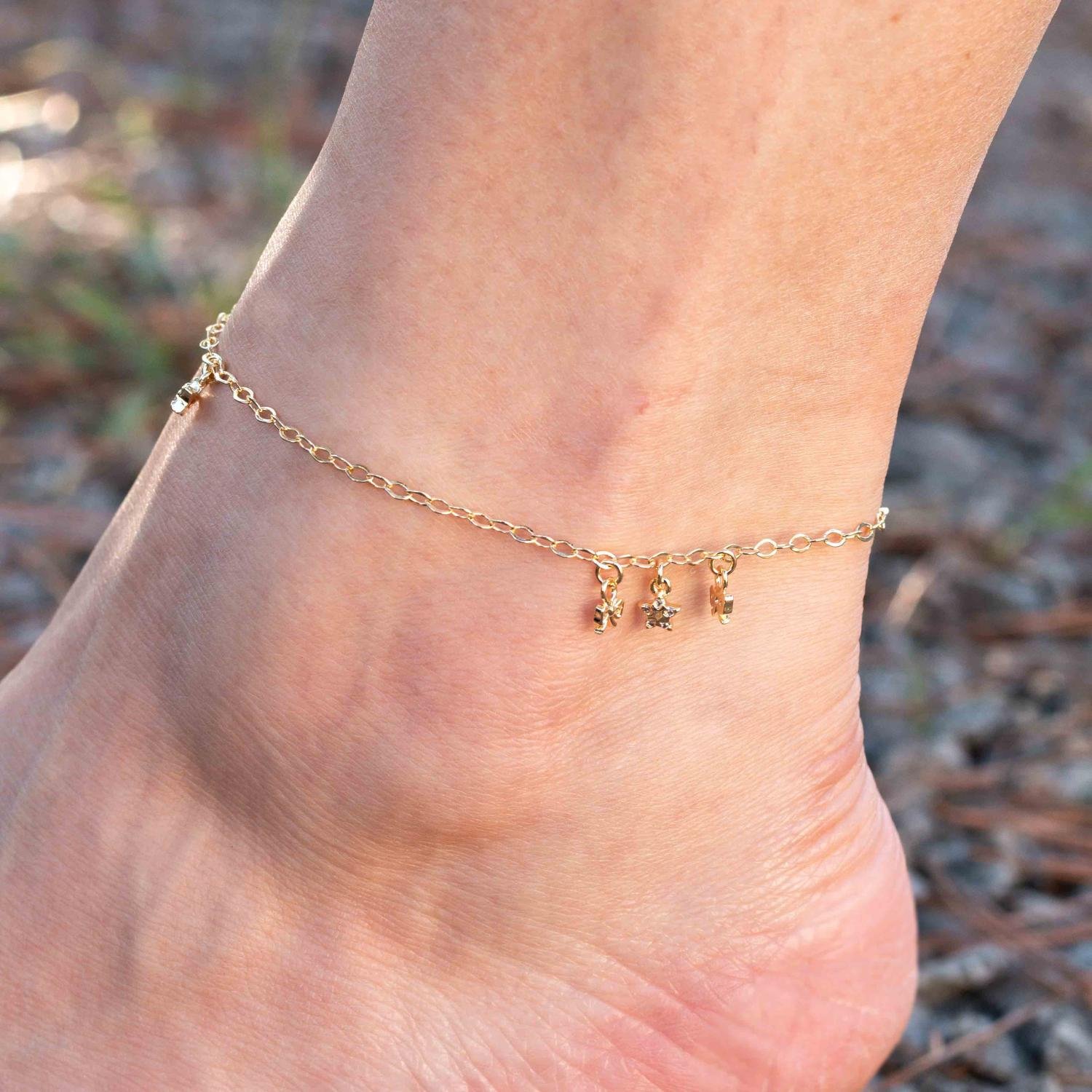 Tor-1150-Fo Tornozeleira De Elos Com Pingentes De Laços E Estrela Cristal.