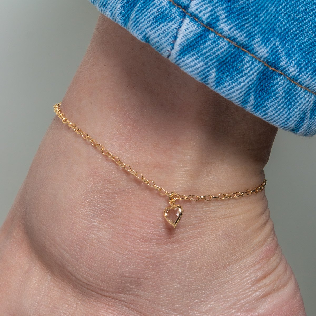 Tor-1154-Fo Tornozeleira Elos De Corações Com Pingente De Coração Cristal.