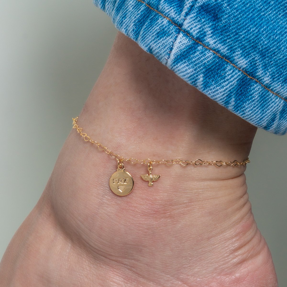 Tor-1173-Fo Tornozeleira Elos De Corações Com Pingentes De Paz E Espírito Santo.&Nbsp;