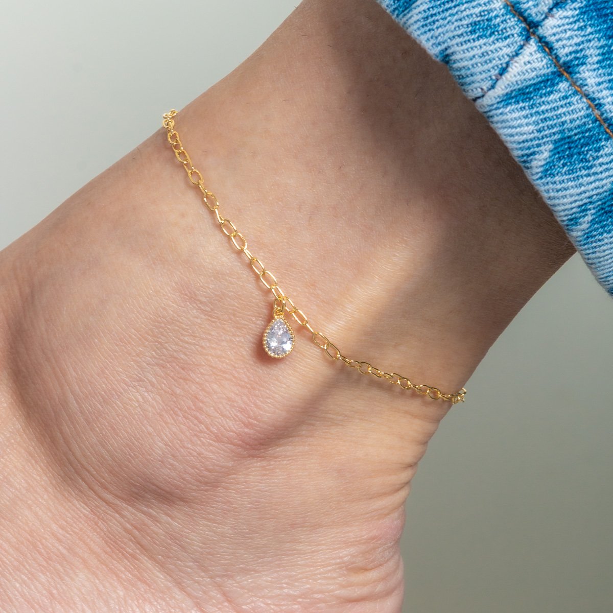 Tor-1182-Fo Tornozeleira De Elos Com Pingente De Gota Cristal.