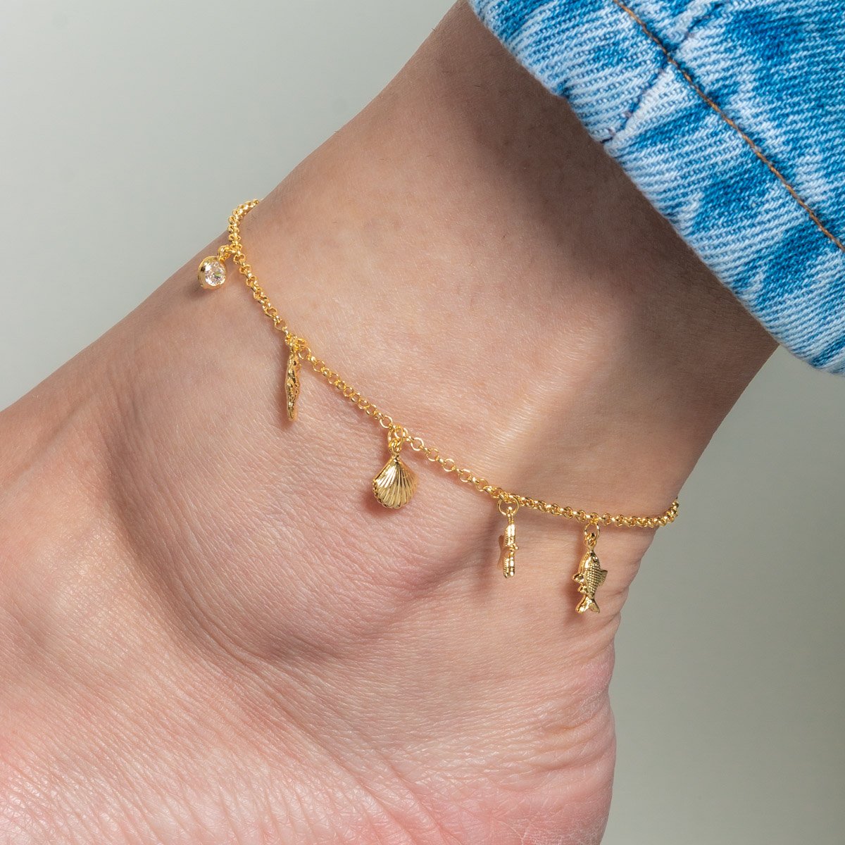 Tor-1186-Fo Tornozeleira Com Pingentes De Zircônia Cristal, Estrela Do Mar, Concha, Cavalo Marinho E Peixe.