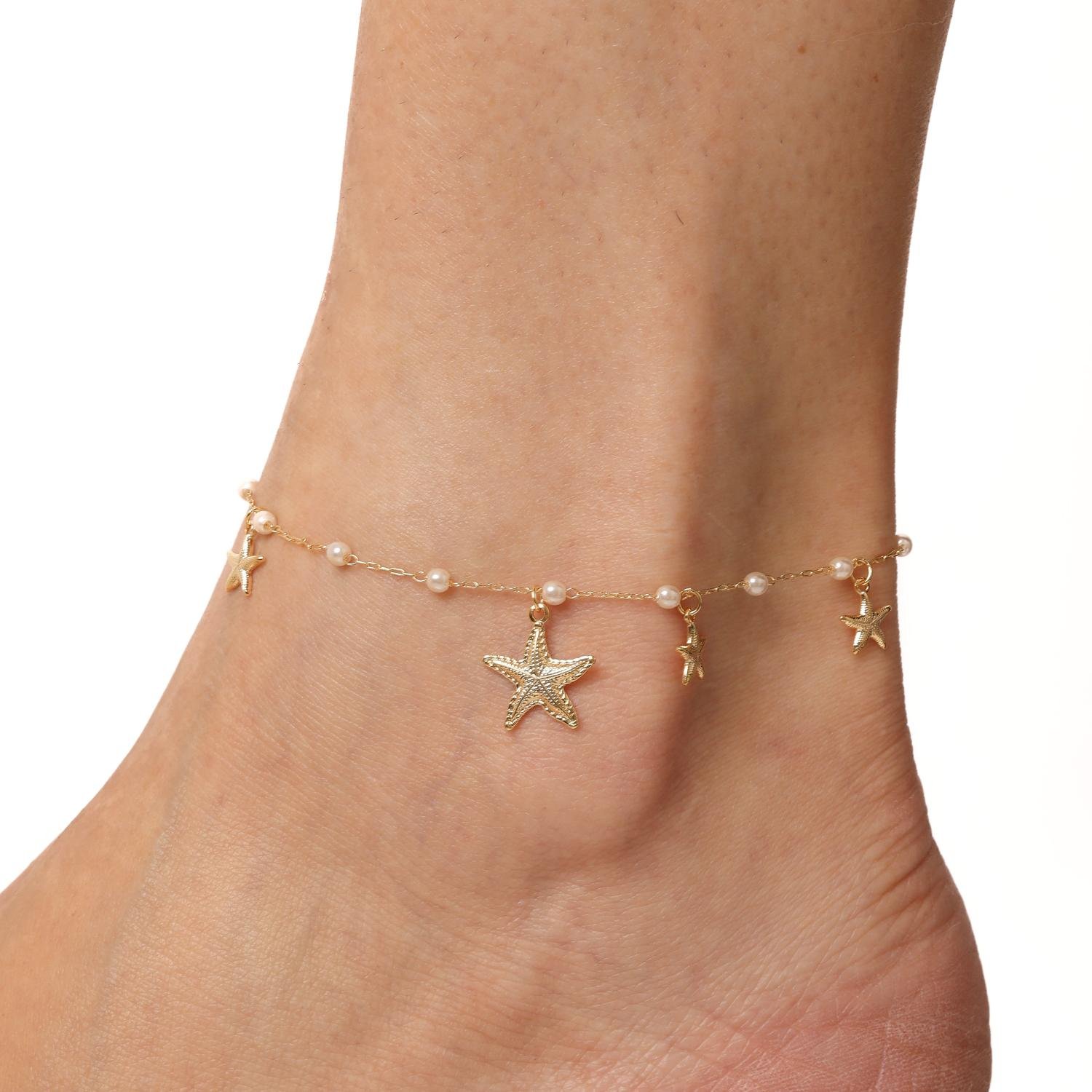 Tor-1197-Fo Tornozeleira com Pérolas e Estrelas do Mar.