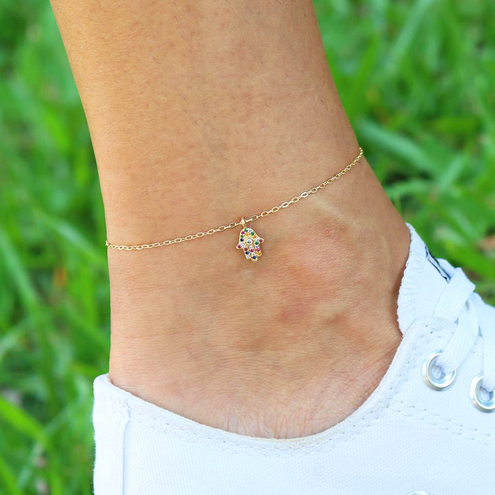 Tor-305-Fo Tornozeleira Mão De Fátima Cravejada Colorida