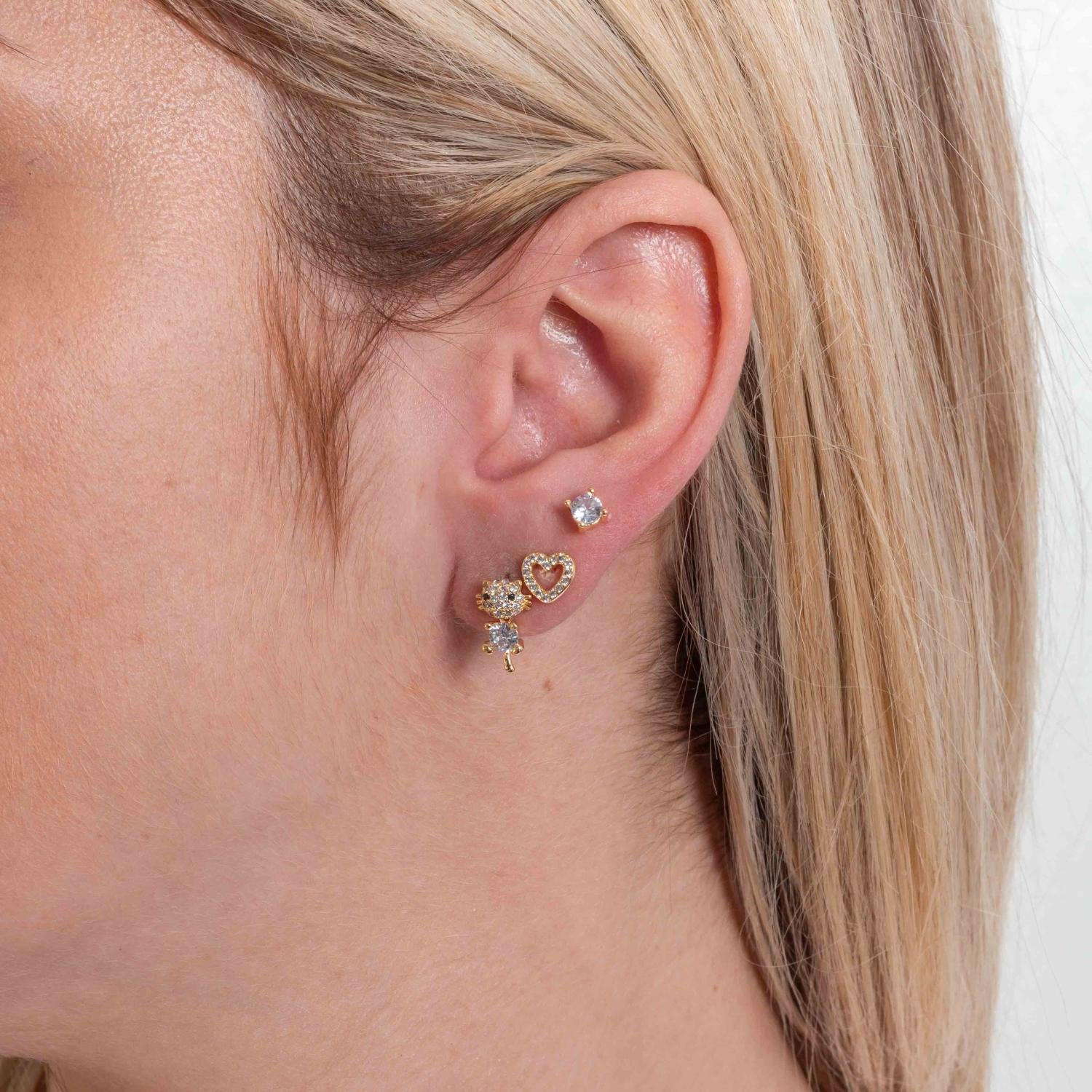 Trio-1131-Do Trio De Brincos De Zircônia Cristal, Coração E Gatinho Cristal.