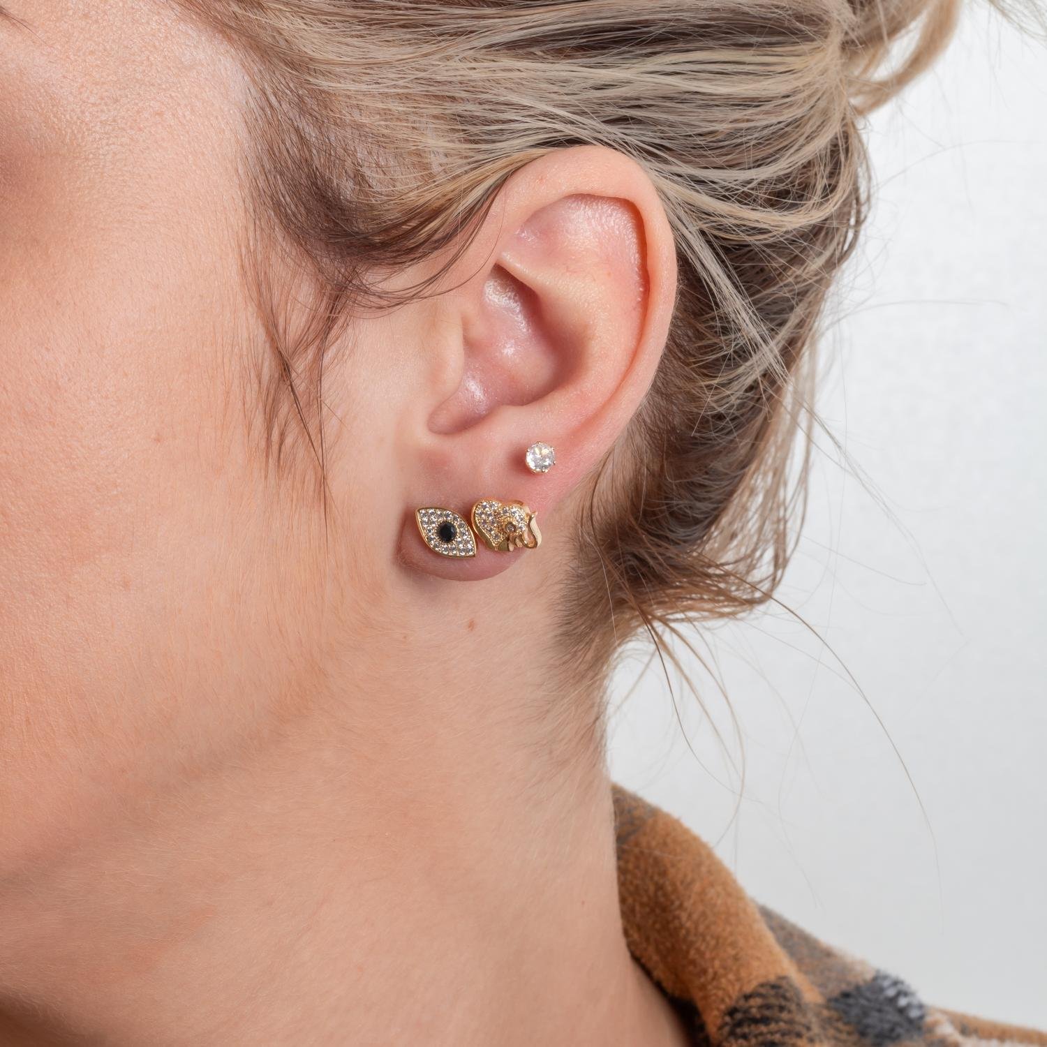 Trio-1133-Do Trio De Brincos Proteção Zircônia Cristal, Olho Grego E Elefante.