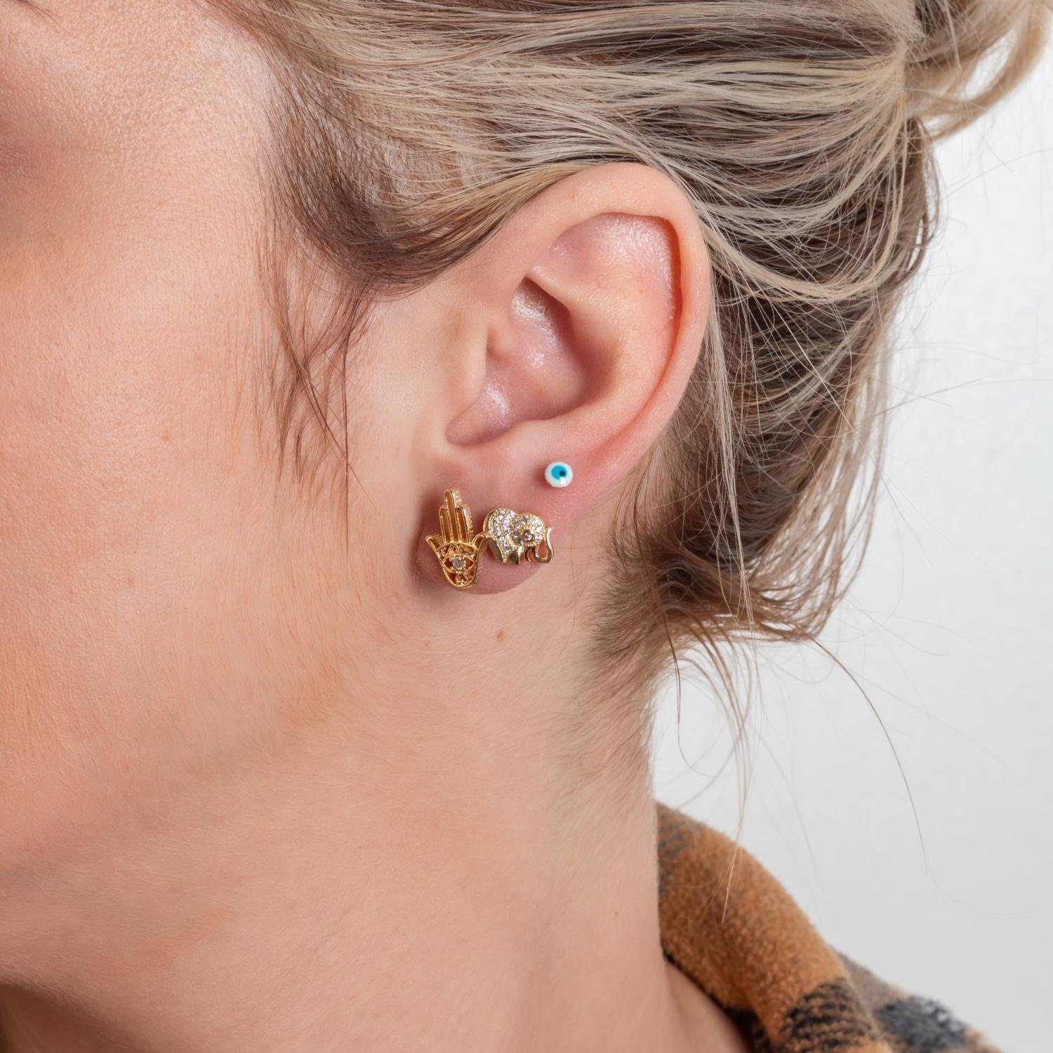 Trio-1134-Do Trio De Brincos Proteção Olho Grego, Elefante E Mão De Fátima Cristal.