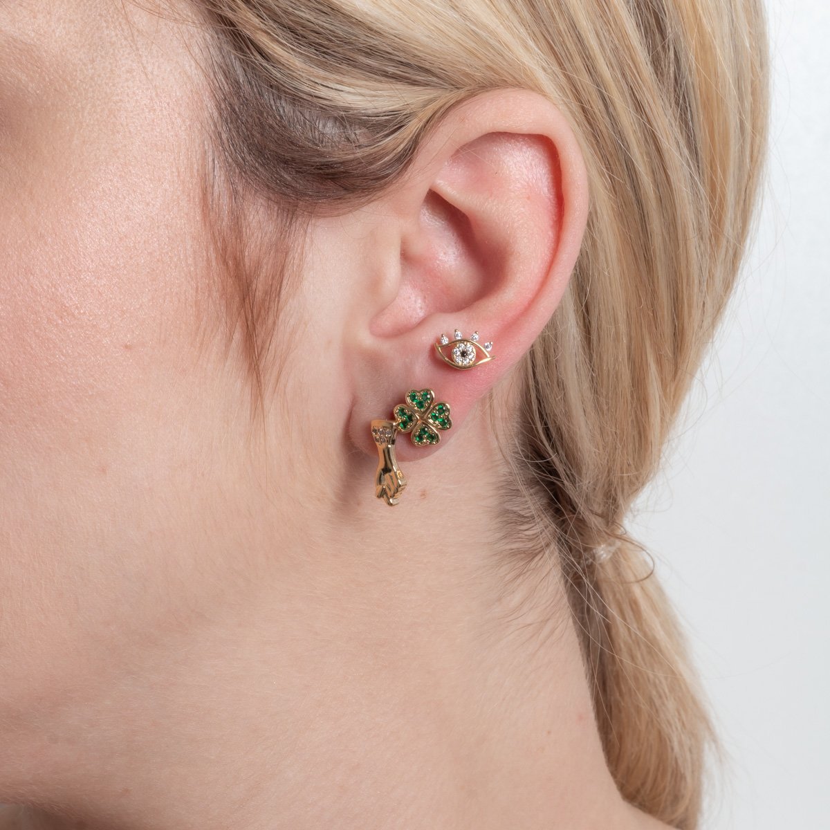 Trio-1180-Do Trio De Brincos Proteção Olho Grego, Trevo De Quatro Folhas E Figa.