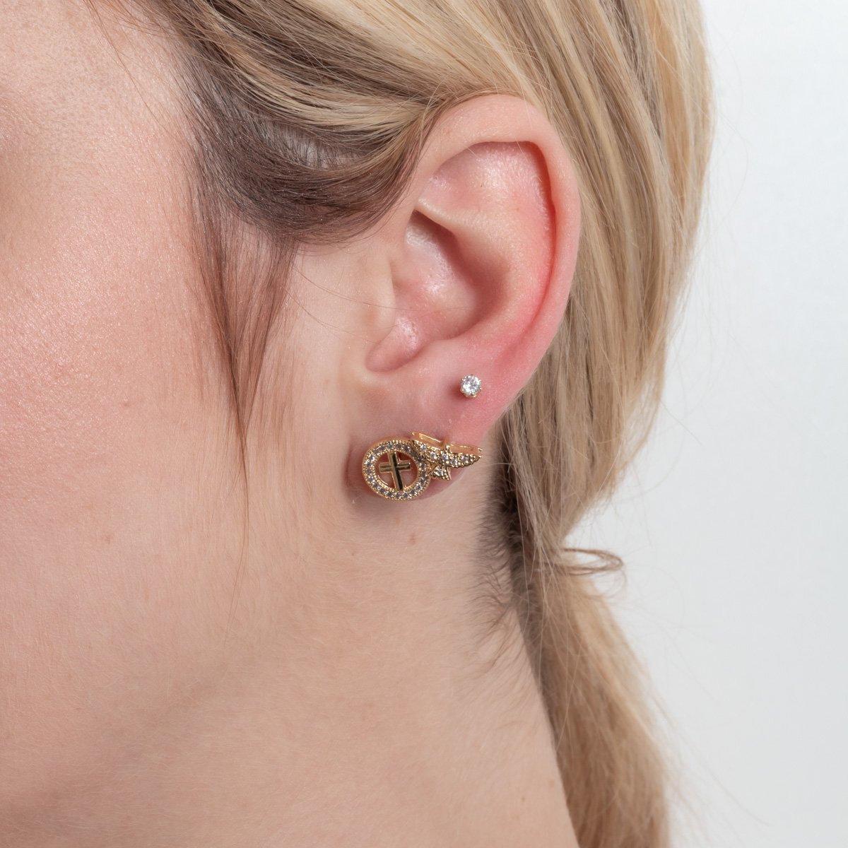 Trio-1197-Do Trio De Brincos De Zircônia, Espírito Santo E Cruz Cristal.