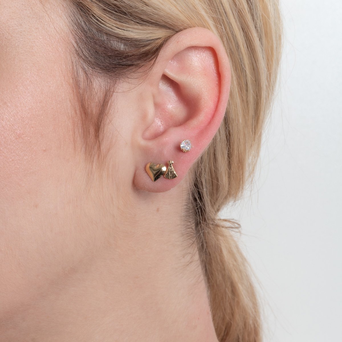 Trio-1210-Do Trio De Brincos De Coração Cristal, Nossa Senhora Aparecida E Coração Liso.