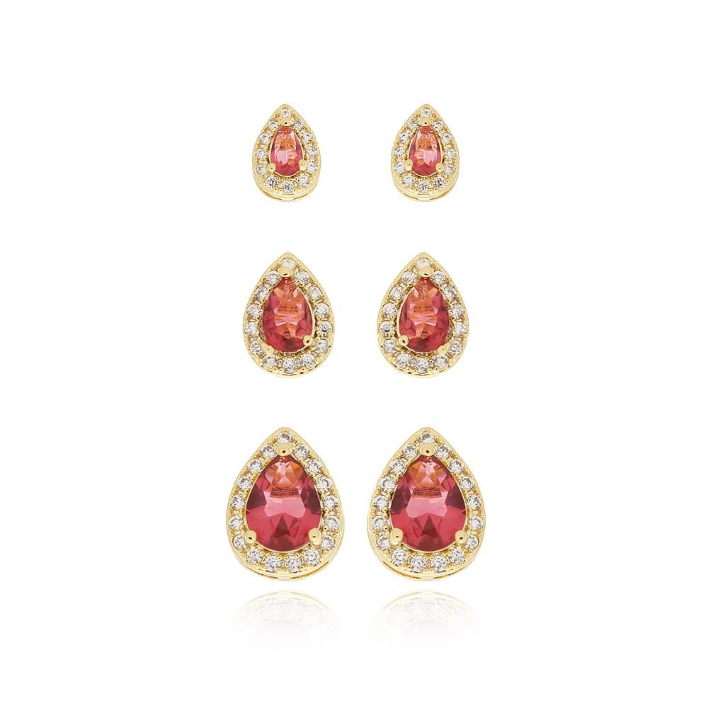 TRIO-587-DO TRIO BRINCOS DE GOTA ZIRCÔNIA FÚCSIA