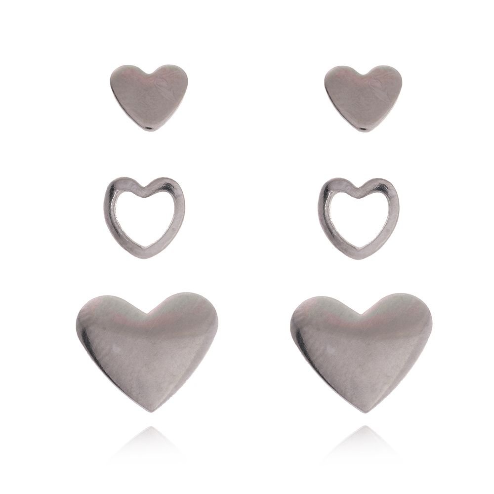 Trio-Bra-314 (Aço Inox) Trio De Brincos De Corações