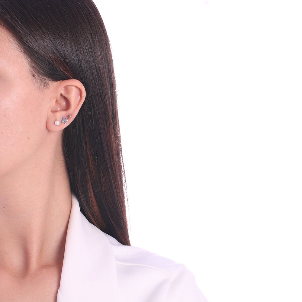 Trio-Bra-318 (Aço Inox) Trio De Brincos Pérola Bolinha Cruz