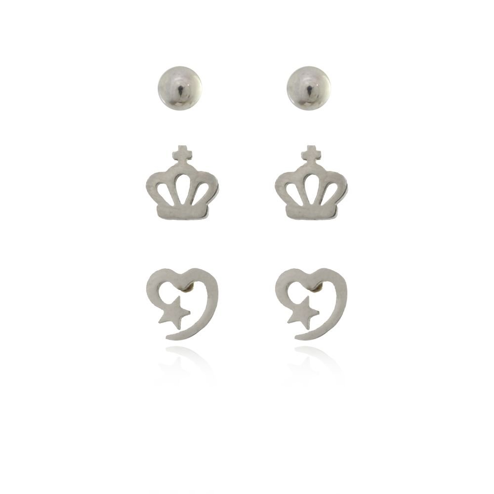 TRIO-BRA-347 (AÇO INOX) TRIO DE COROA, CORAÇÃO E BOLINHA