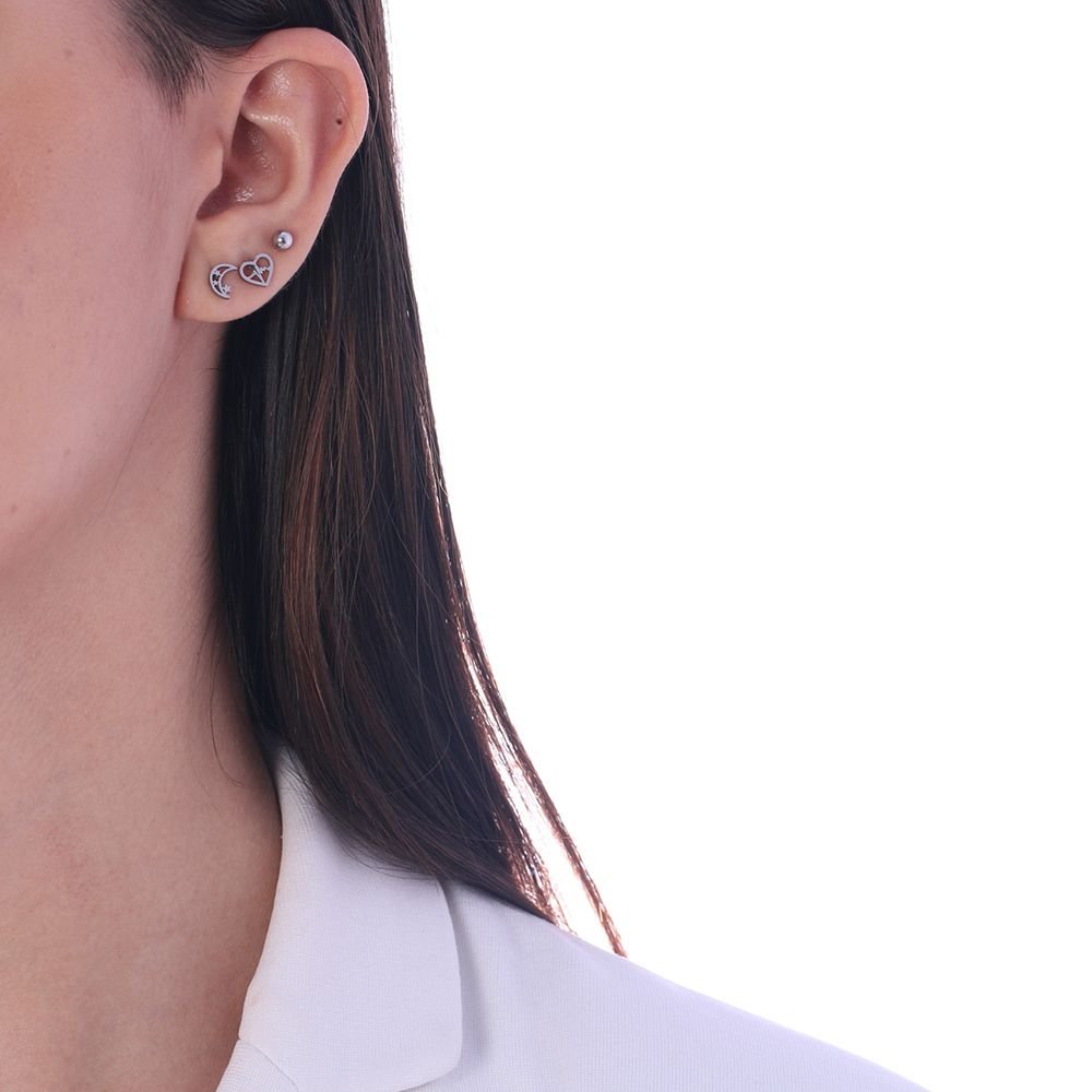 Trio-Bra-349 (Aço Inox) Trio De Brincos Lua, Coração E Bolin