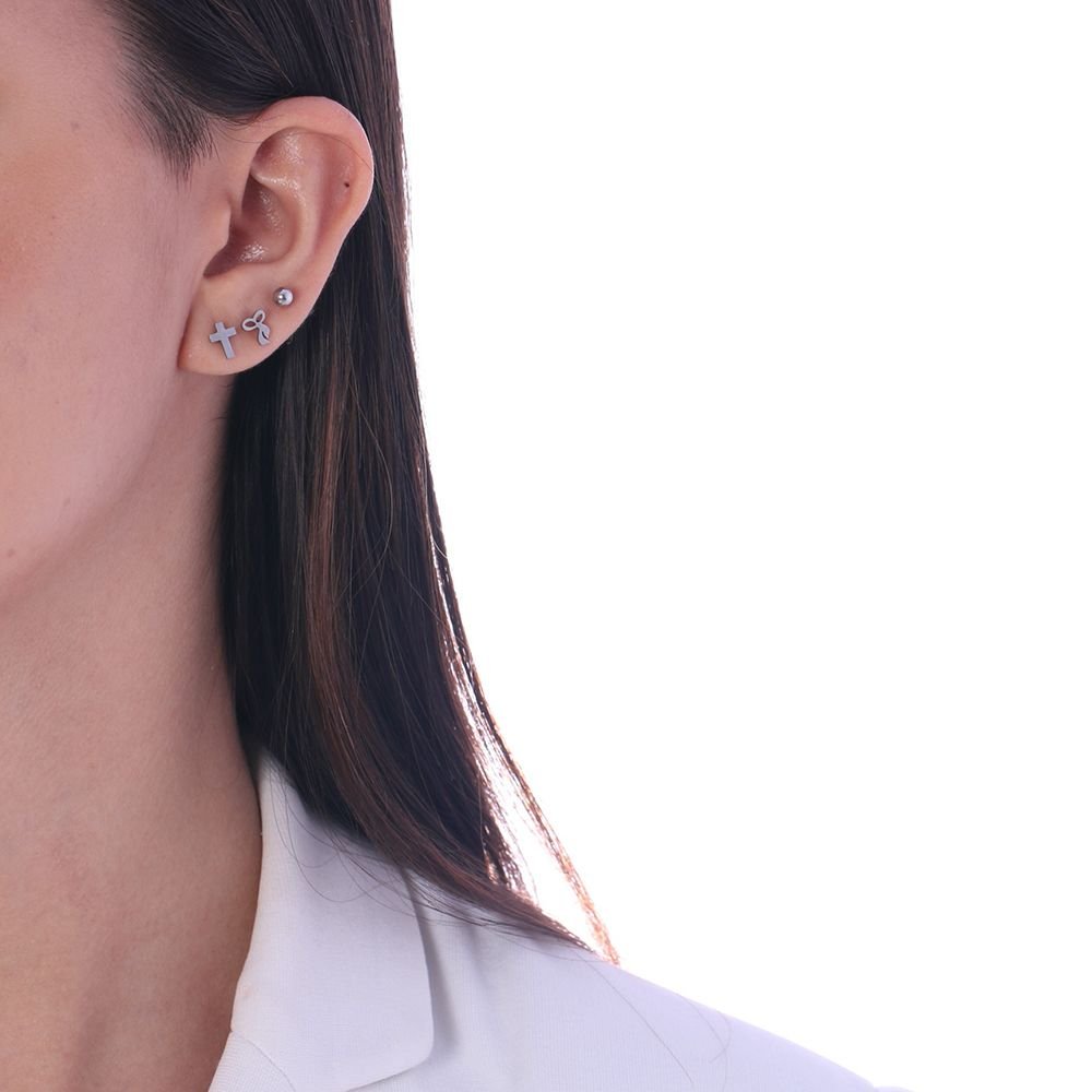 Trio-Bra-352 (Aço Inox) Trio De Brincos Cruz, Laço E Bolinha