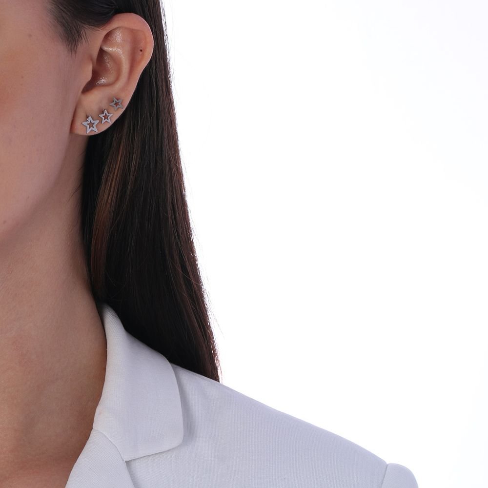Trio-Bra-355 (Aço Inox) Trio De Brincos Estrelas Vazadas